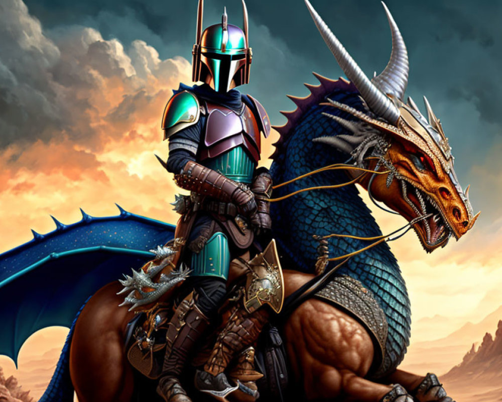 Futuristic warrior on dragon with spear and shield in fantasy scene