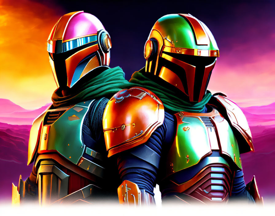 Colorful armored characters in vibrant sunset sky.