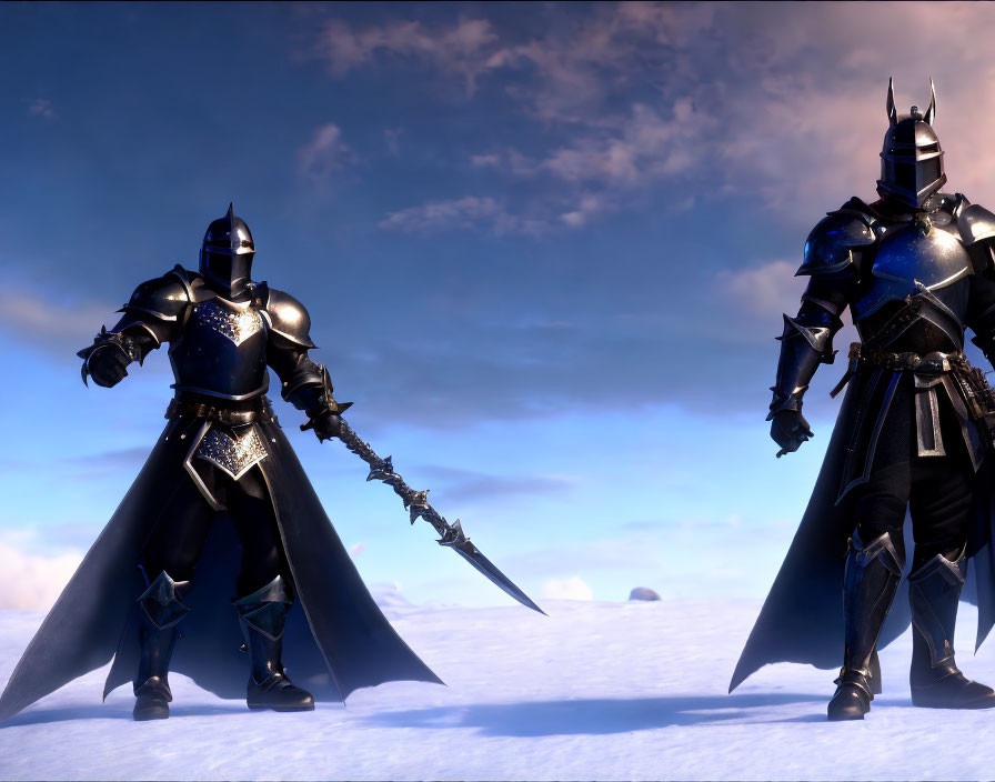 Armored knights with capes in snowy landscape under blue sky