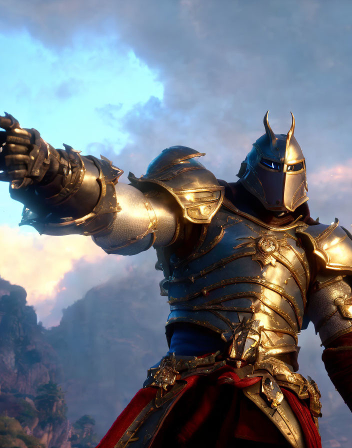 Knight in Blue and Silver Armor Against Dramatic Cliffs and Illuminated Sky