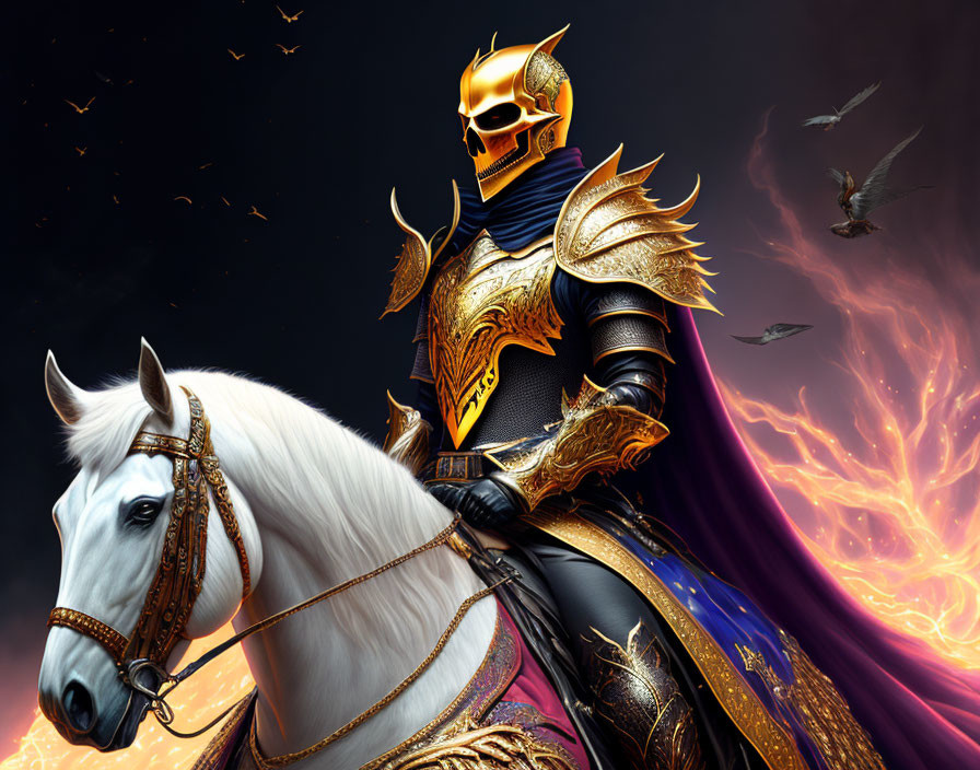 Golden-armored warrior with white horse in mystical setting.