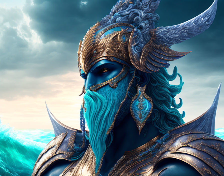 Blue-skinned figure in ornate gold armor gazes over stormy sea with winged helmet.