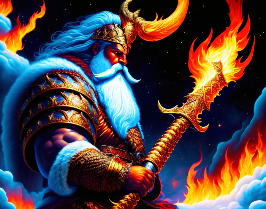 Vibrant Norse god-like figure with flaming beard and axe in cosmic setting