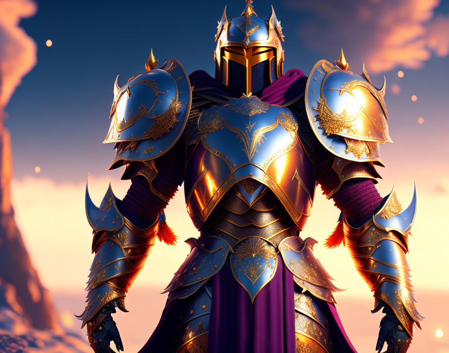 Ornate golden and blue armored knight with crimson cape at twilight