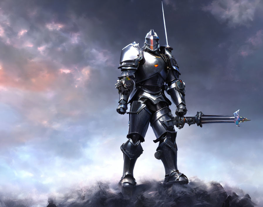 Reflective plate armor knight with lance in dramatic sky landscape