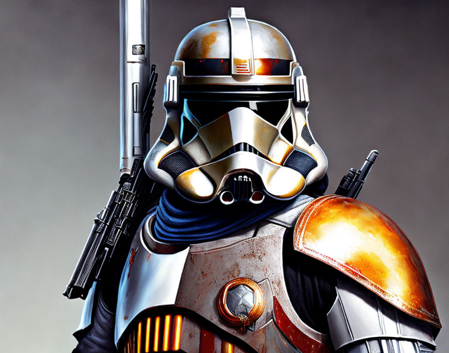 Detailed Star Wars-themed helmet and armor with blaster rifle in orange, white, and gray tones
