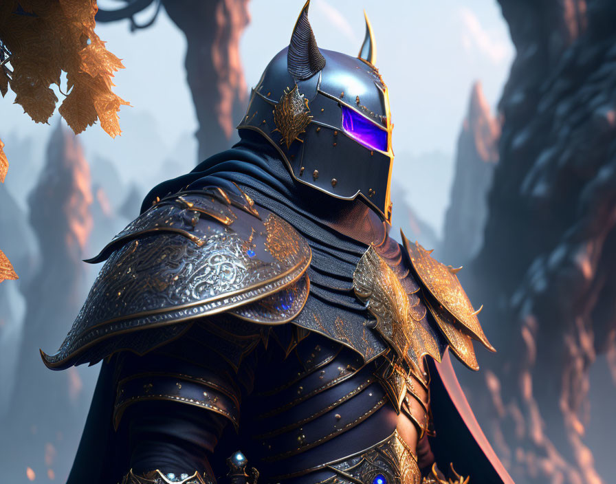 Knight in Black and Gold Armor in Mystical Forest with Light Filtering Through