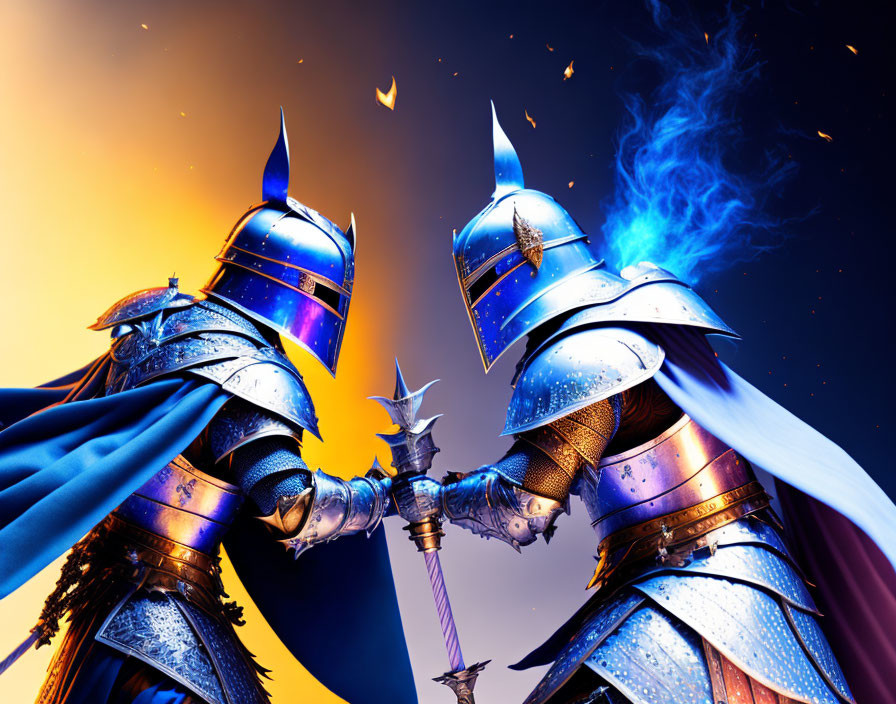 Knights in Blue Armor Clash Maces Under Dramatic Sky