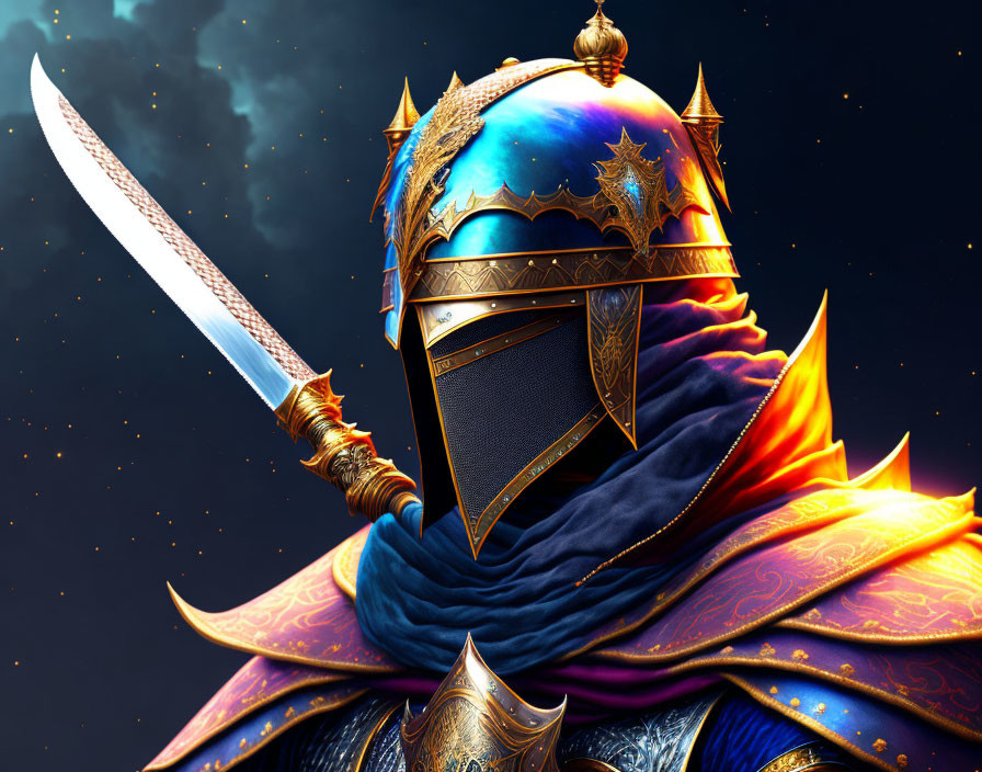 Warrior in Ornate Armor with Sword on Starry Background