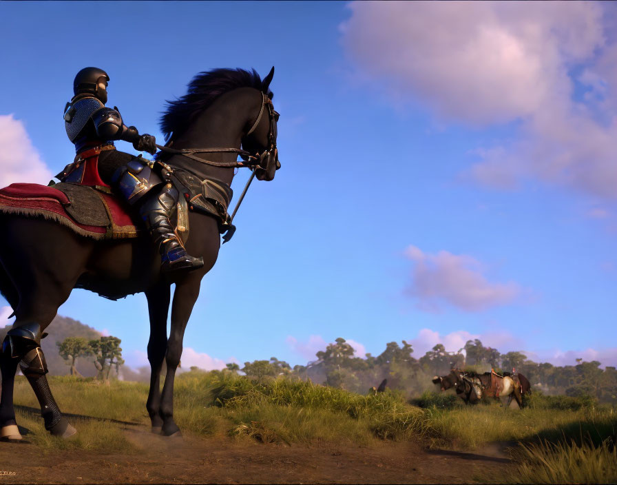 Armored knight on black horse in grassy plain under blue sky