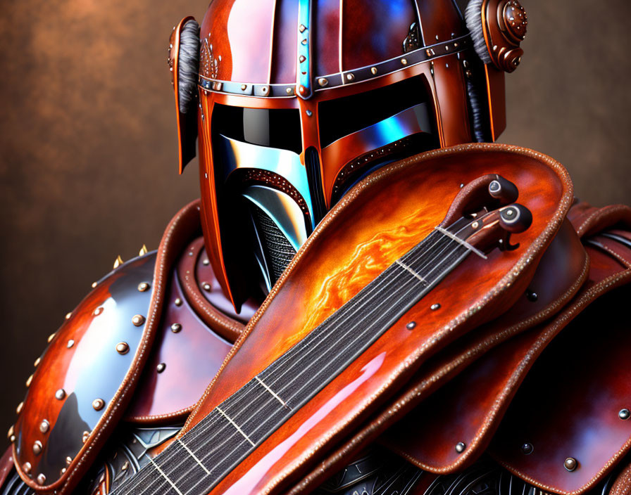 Futuristic armored character with reflective helmet holding a guitar.