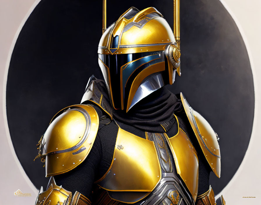 Futuristic knight in gold and black armor with blue visor on grey background