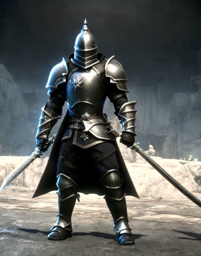 Armored knight with twin swords in cavernous setting