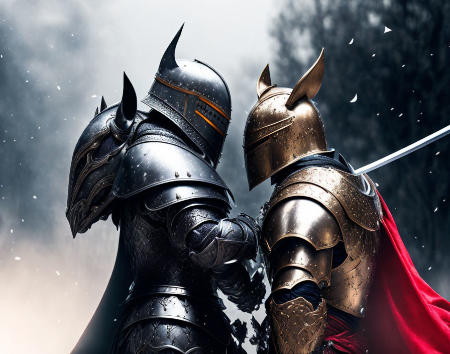 Armored knights with helms and capes clasping hands under misty backdrop