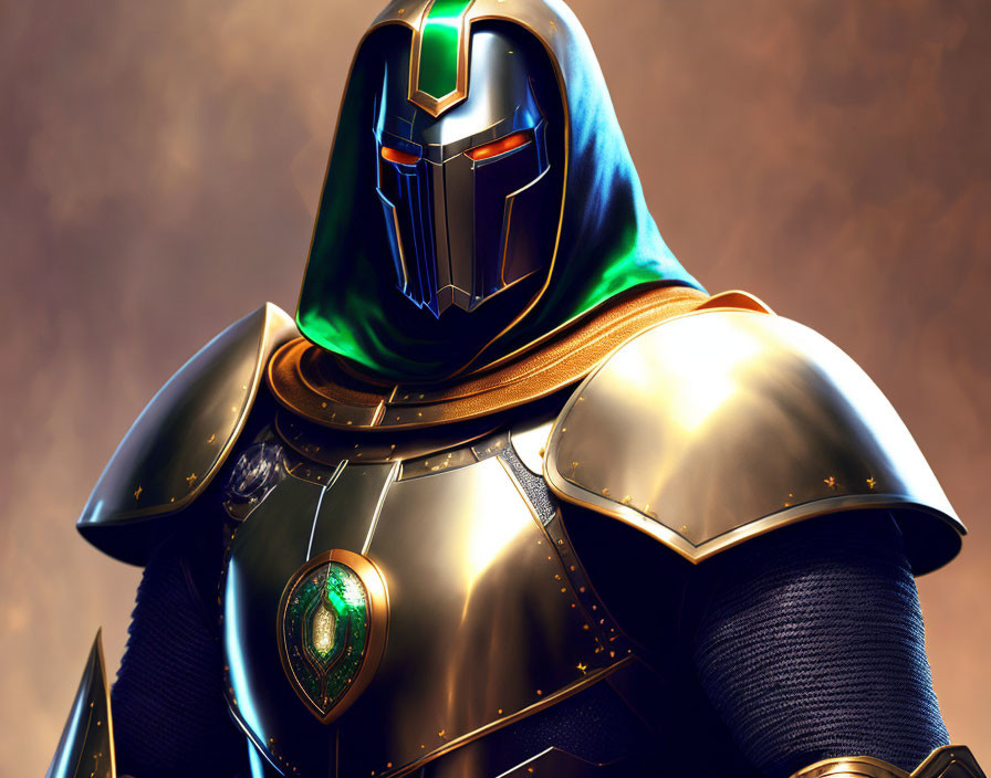 Armored figure with green and golden helmet and glowing pendant