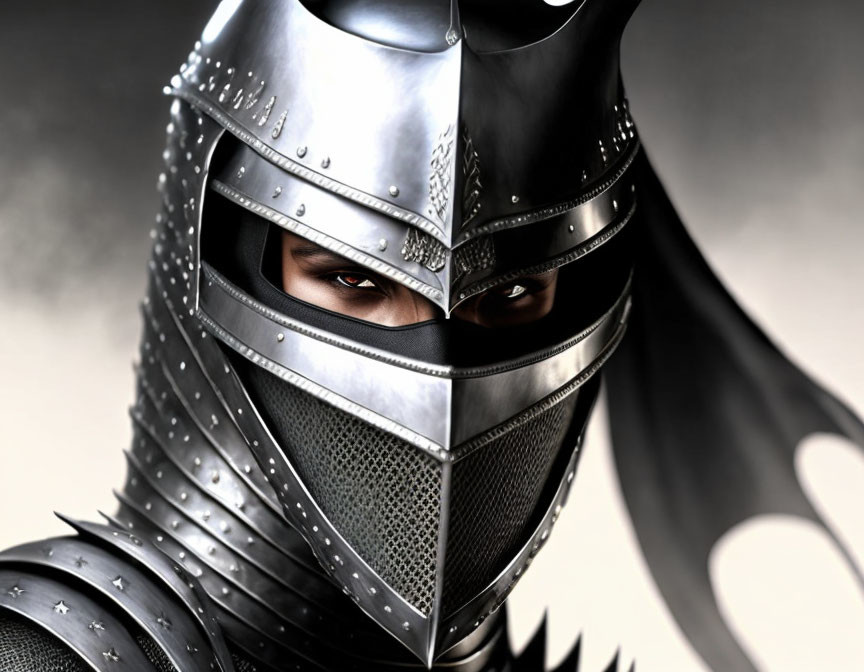 Detailed Close-Up of Person in Metallic Knight's Helmet