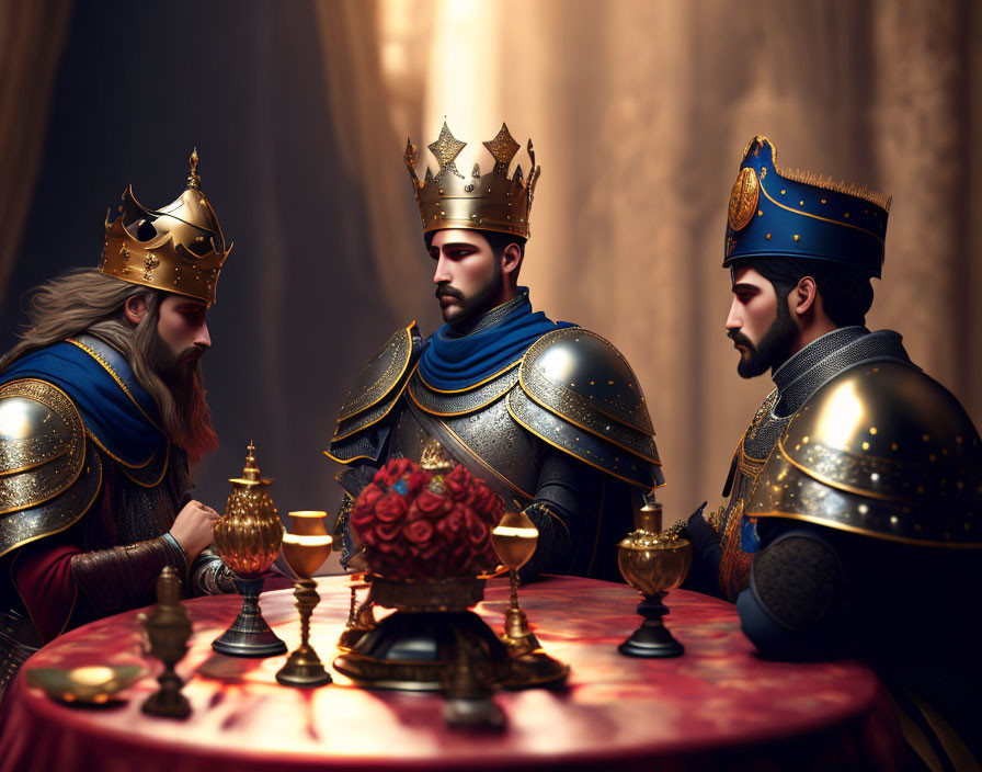 Medieval kings in armor and crowns at round table with roses & goblets