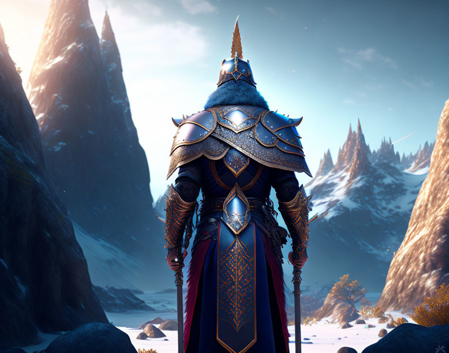 Knight in ornate armor against snowy mountain backdrop