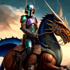 Futuristic warrior on dragon with spear and shield in fantasy scene