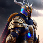 Majestic knight in ornate armor under stormy sky