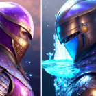 Split image of purple and blue ornate knights in helmets with glowing particles background.