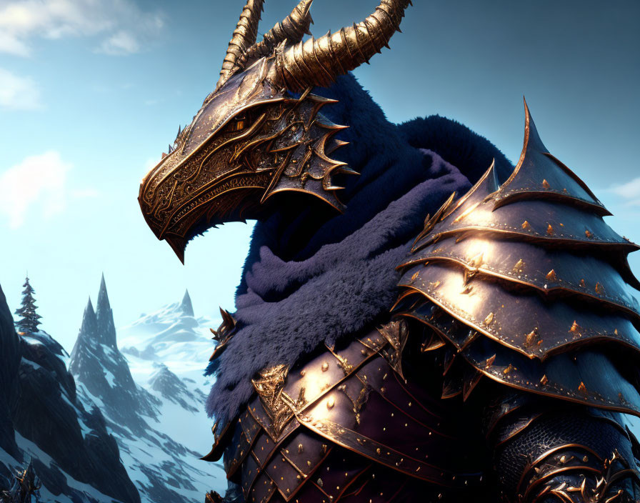 Majestic dragon with golden armor in snowy mountain scenery