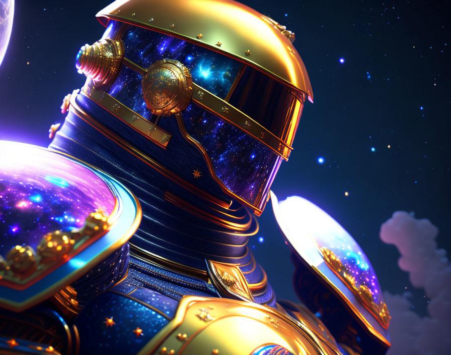 Colorful Astronaut in Golden Suit with Galaxy Reflections in Visor Against Starry Space Background