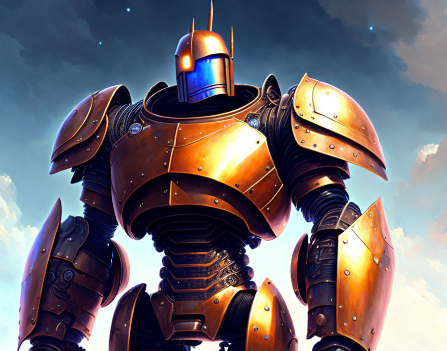 Giant robot with metallic body and glowing eyes in starry sky