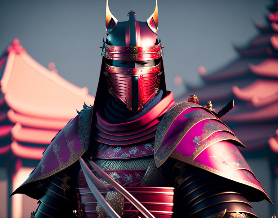 Detailed 3D rendering of samurai in ornate armor with Japanese buildings.