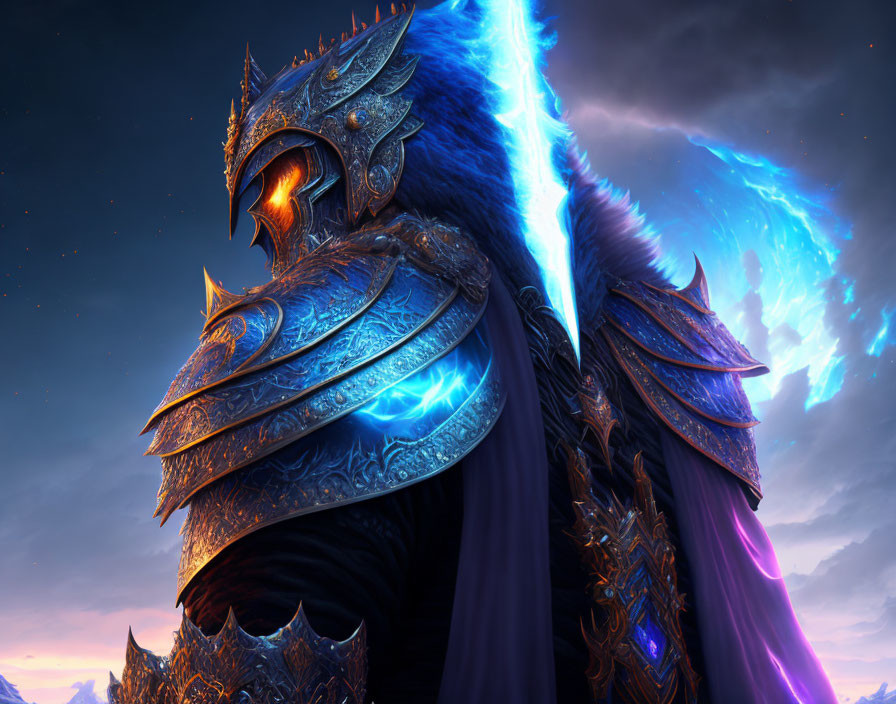 Armored figure with glowing blue sword on twilight background