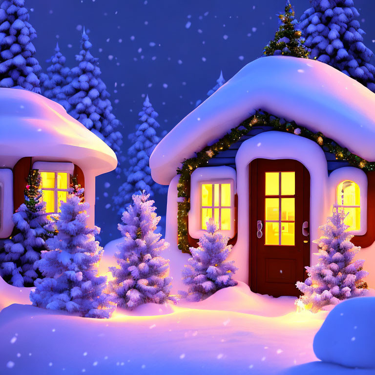 Snowy Cottage Surrounded by Trees in Tranquil Night Scene