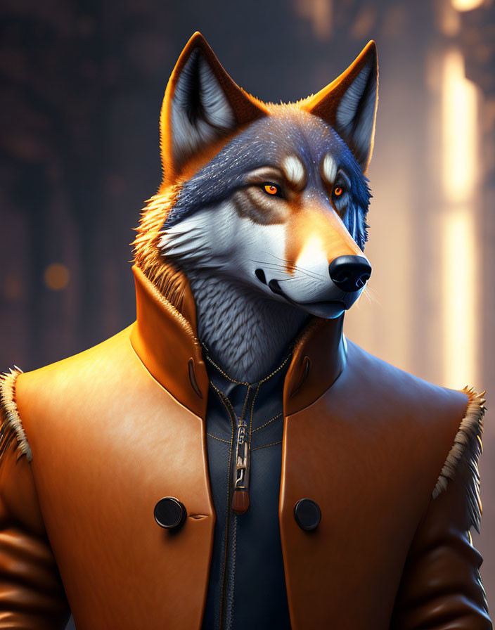 Stylized anthropomorphic wolf in leather jacket illustration