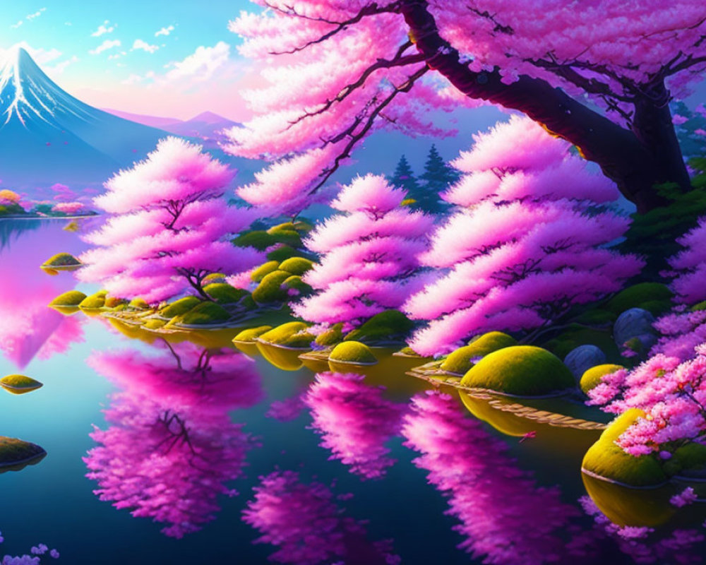 Cherry Blossoms Surround Serene Lake & Mountain Scene