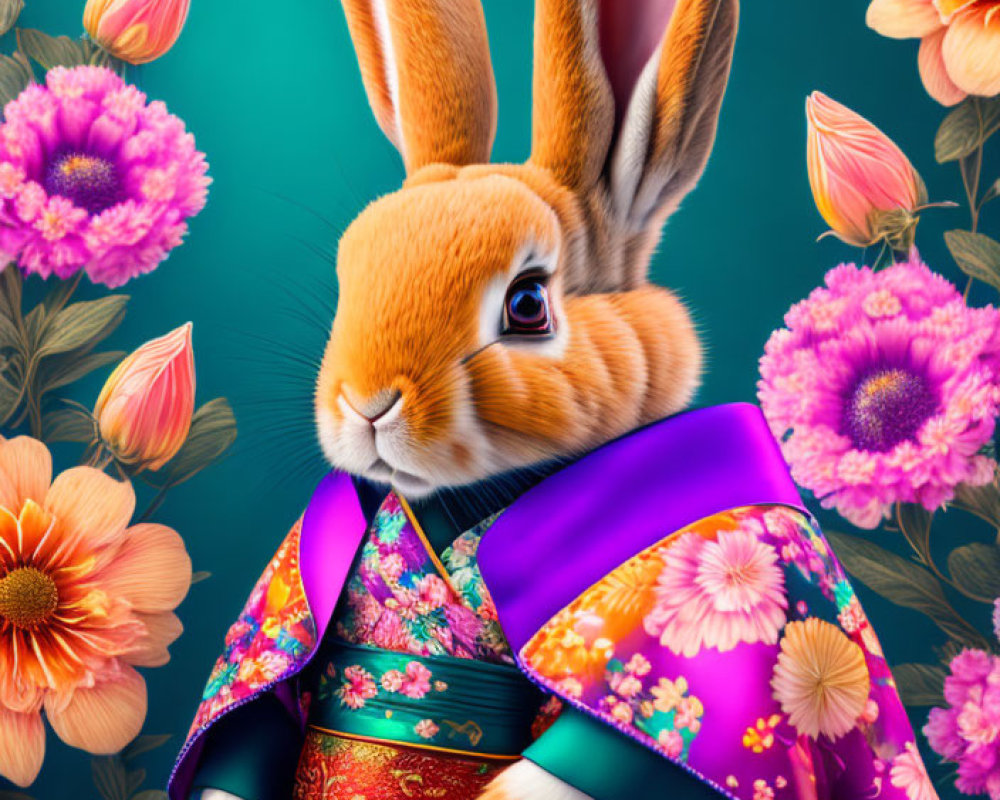 Stylized rabbit in floral kimono among vibrant flowers
