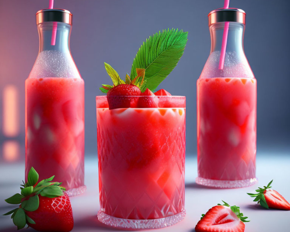 Strawberry smoothie in textured glass with garnish and fresh strawberries