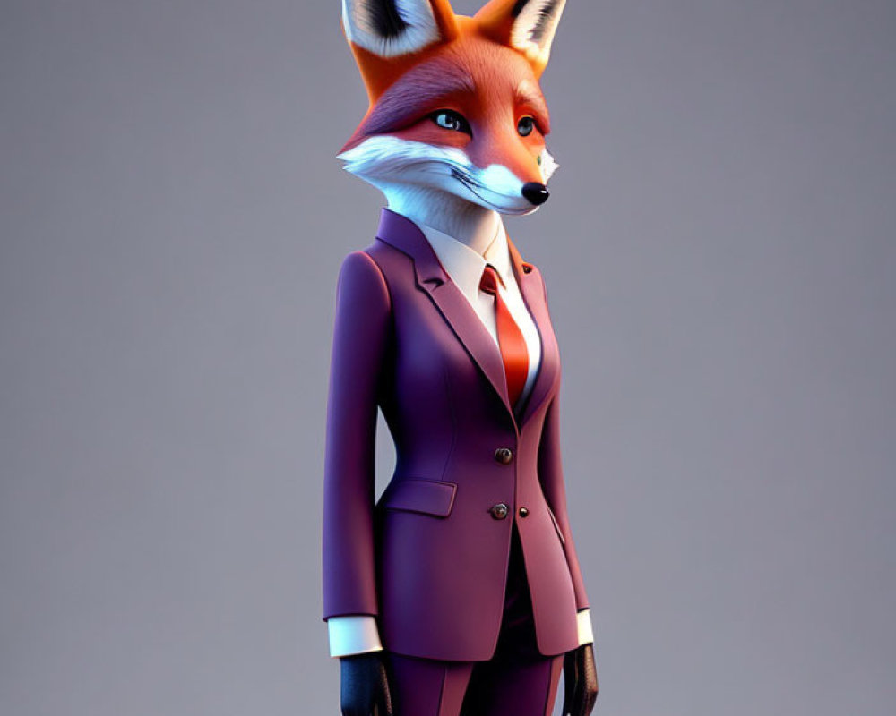 Anthropomorphic Fox in Purple Suit with Blue Tie Standing Confidently