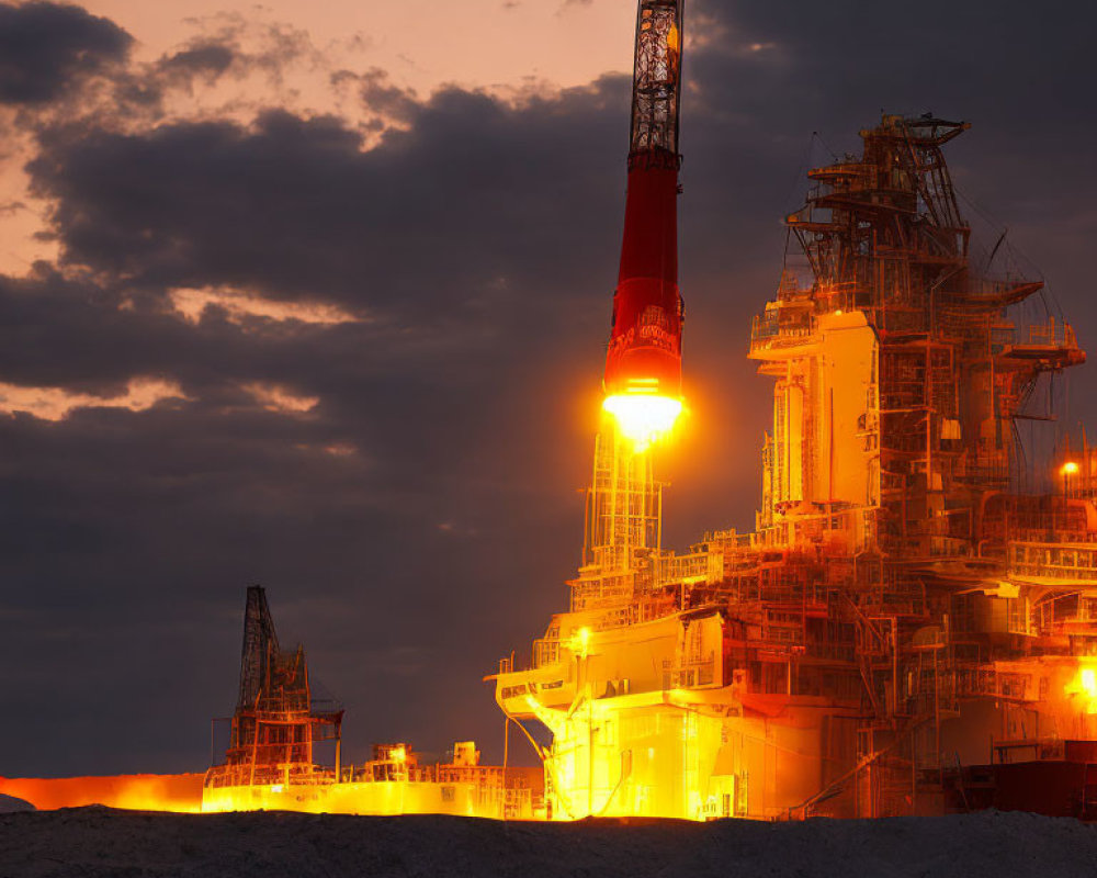 Offshore oil rig at sunset with warm lights and vibrant orange clouds