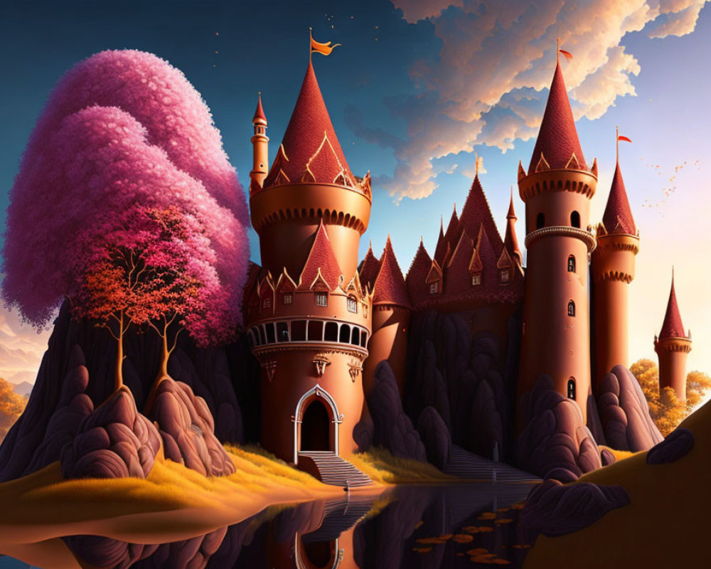 Fantastical castle with spires and pink trees on rocky terrain
