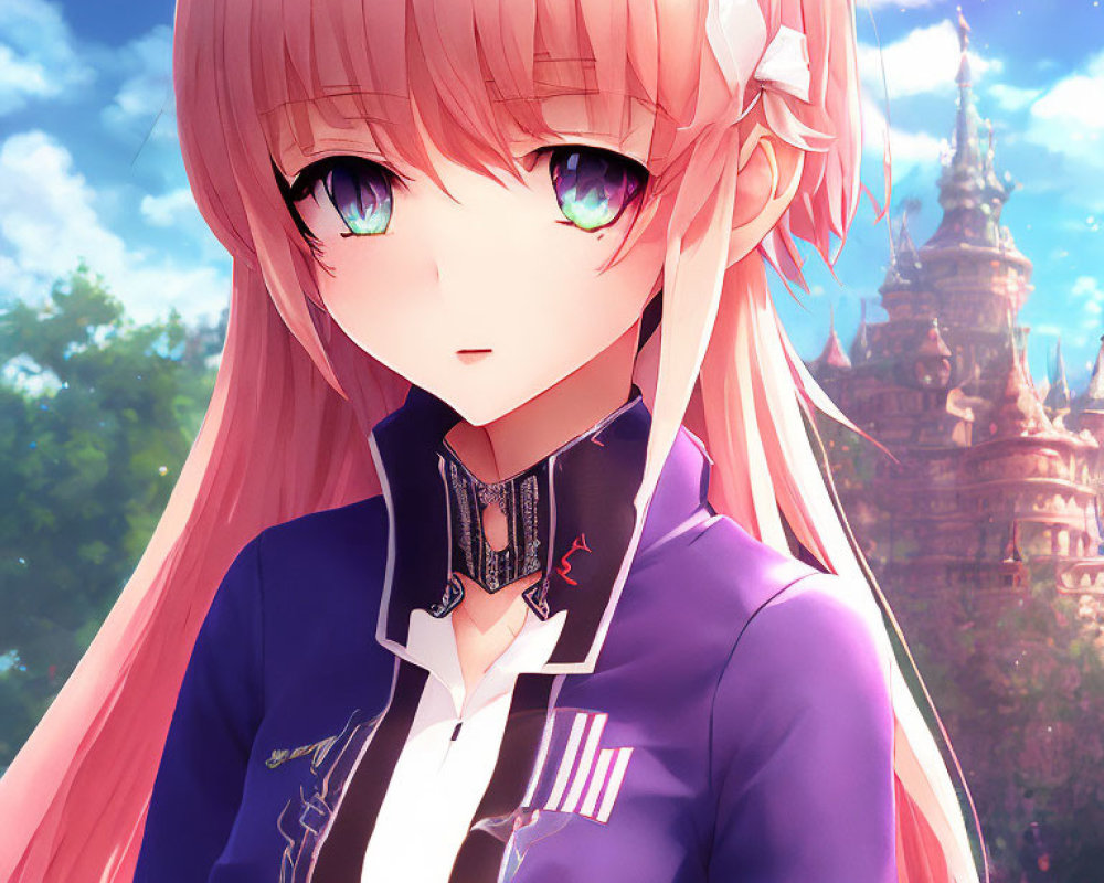 Pink-haired anime girl in blue outfit at castle under blue sky
