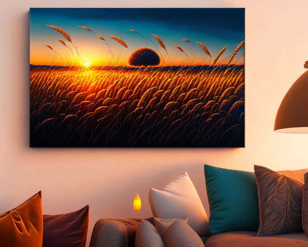 Sunset over wheat field canvas print above cozy couch with decorative pillows