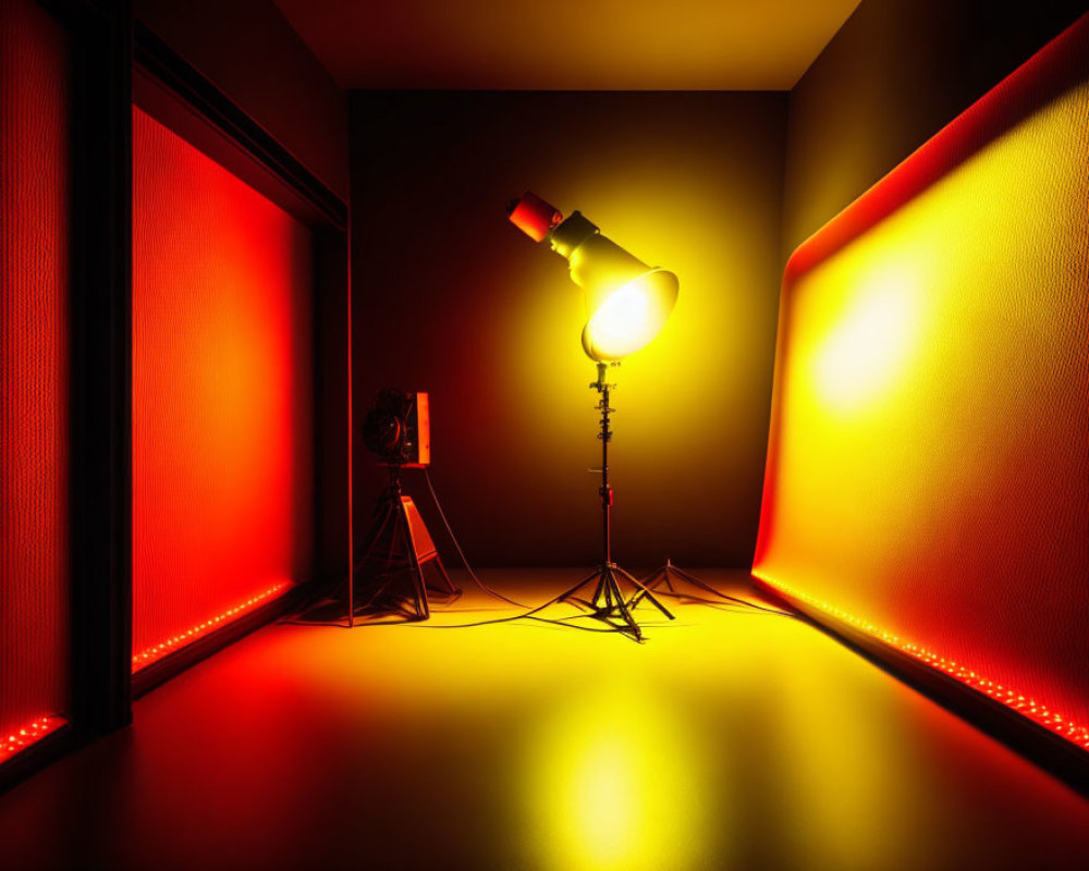 Red-walled studio corner with warm spotlight and floor strip lighting