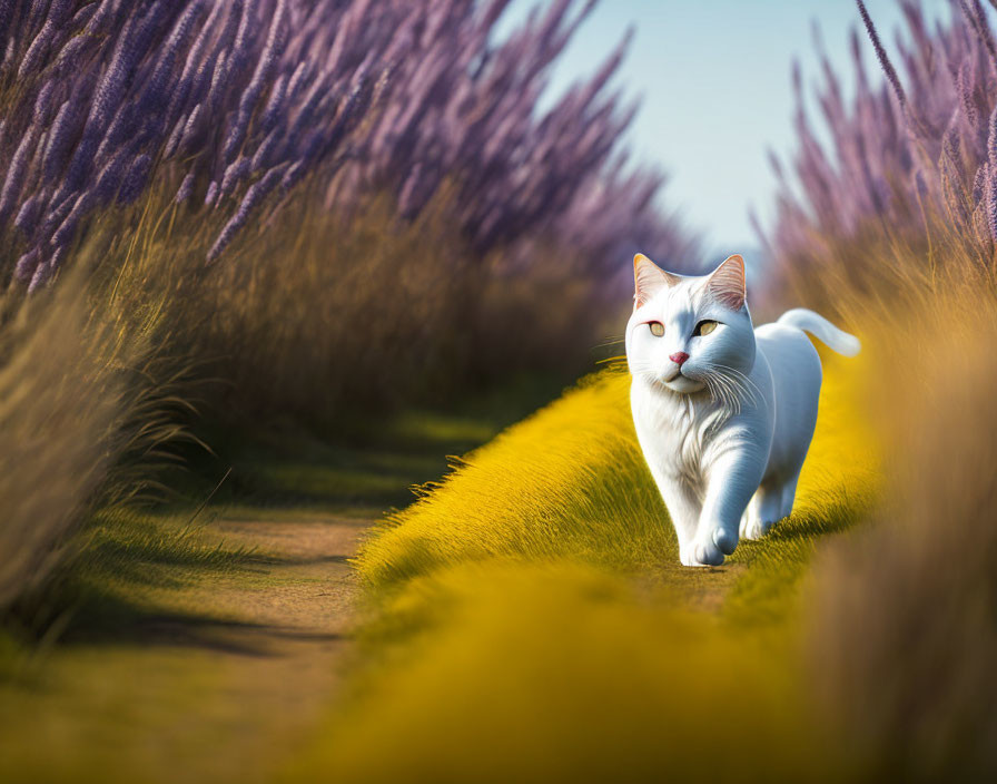 White Cat with Blue Eyes Walking Among Purple Flowers on Grassy Path