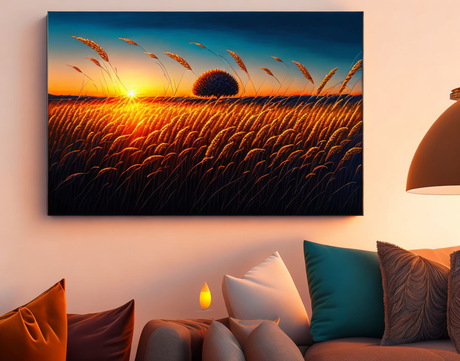 Sunset over wheat field canvas print above cozy couch with decorative pillows