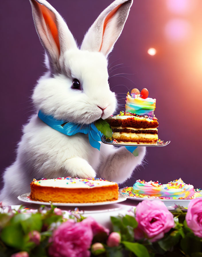 White Rabbit with Blue Bow Tie and Colorful Cake on Purple Background
