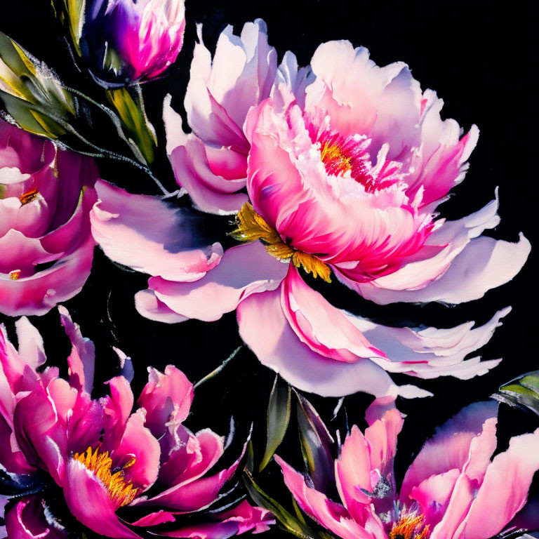 Pink and White Peonies Painting on Dark Background