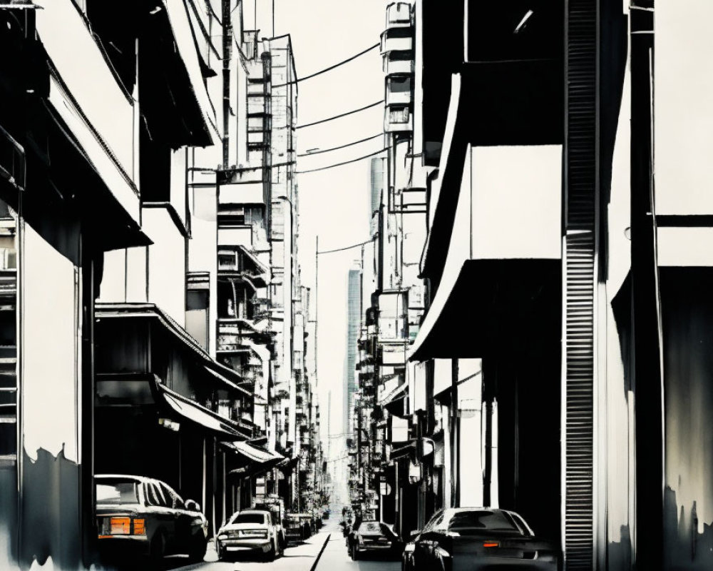 Monochromatic urban alley with cars and buildings in high contrast