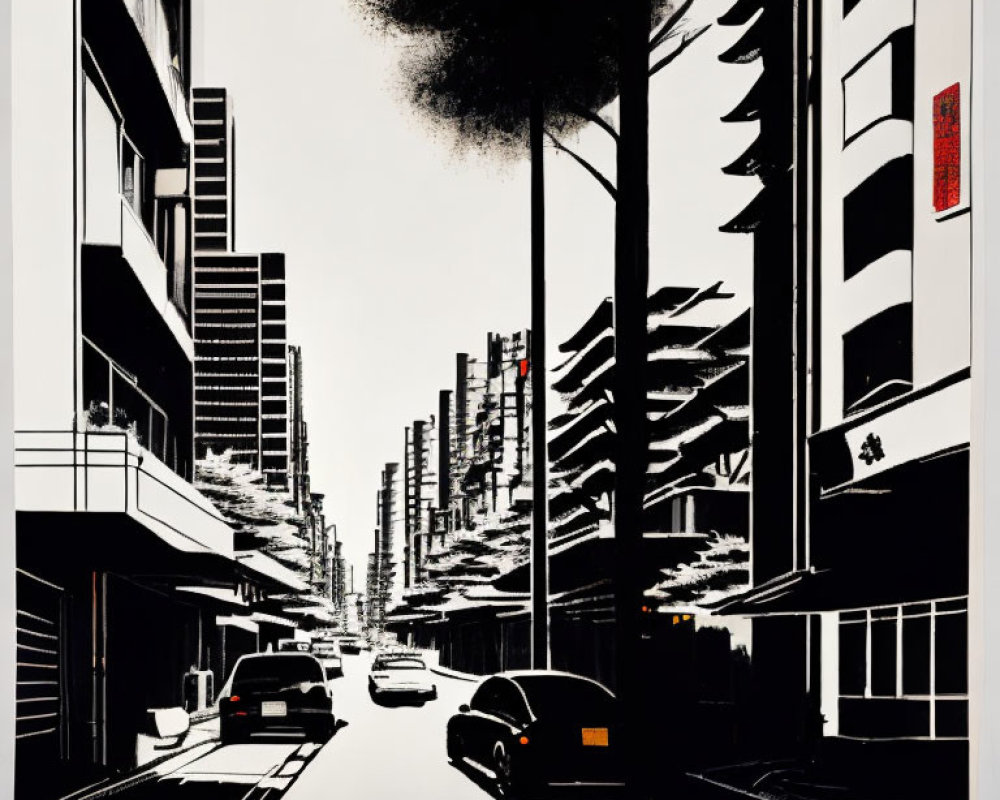 Monochromatic cityscape with high-rise buildings, cars, and a tree in black and white with