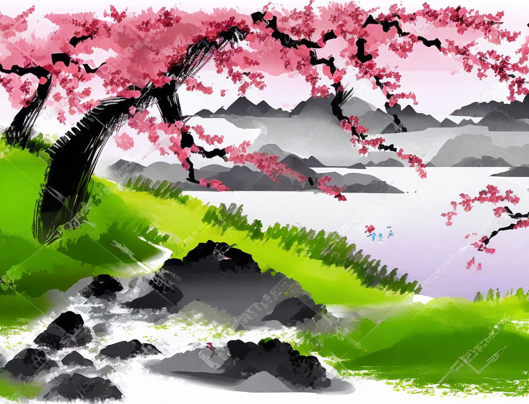 Cherry Blossom Tree Over River and Mountains in Digital Painting