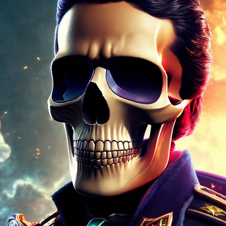 Skull with Sunglasses and Pompadour in Military Uniform on Fiery Background
