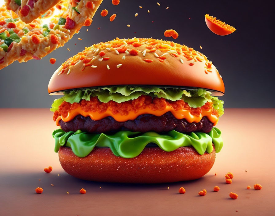 a huge hamburger with cheetos inside, delicious